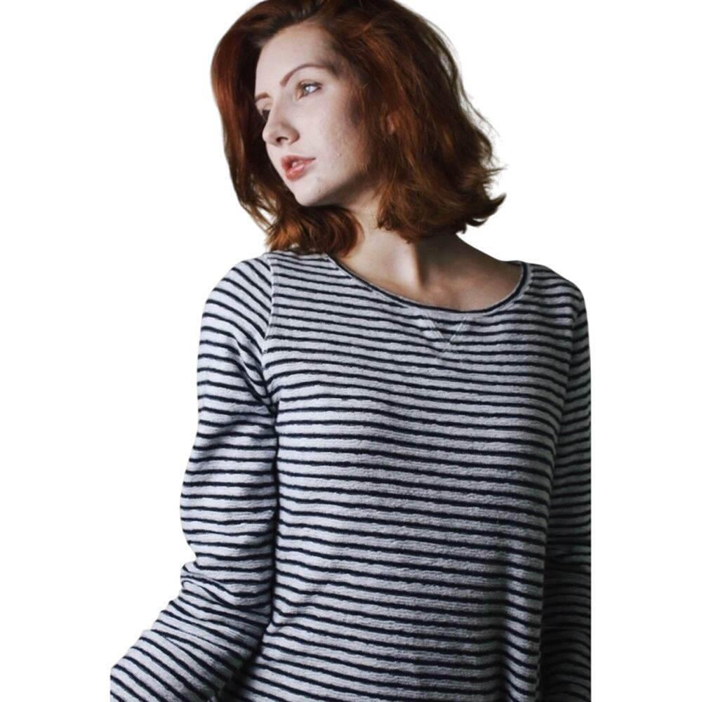 Lands’ End- Crew Neck Navy/White Striped French Terry Knit Top Size Small 6/8